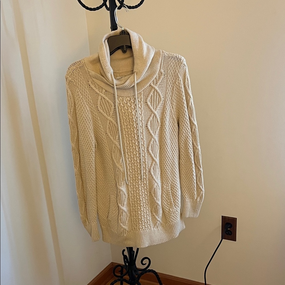 LL BEAN Cozy Cream Cable Knit Cowl Neck Sweater